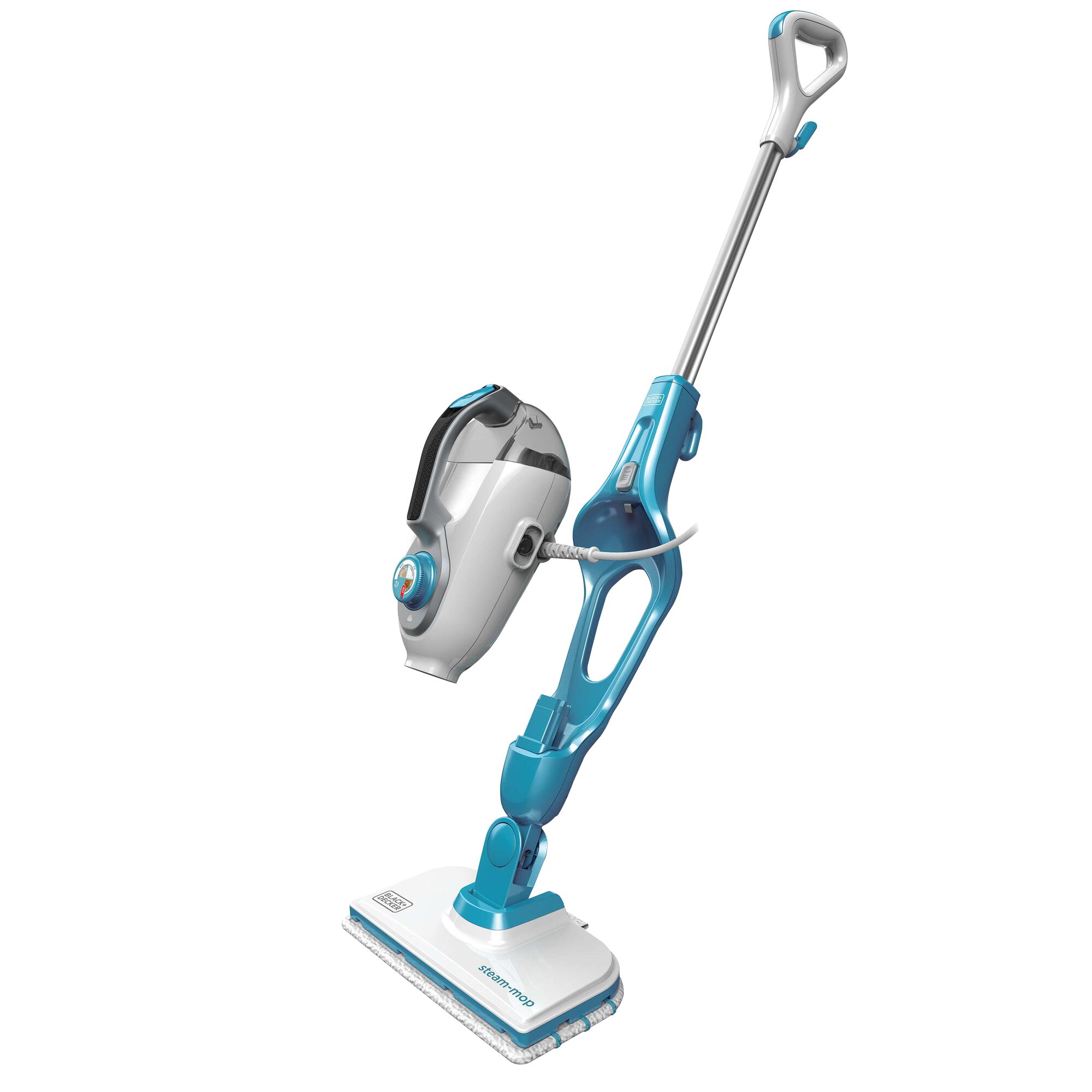 Side profile of 7 in 1 Steam Mop with steamglove handheld steamer.