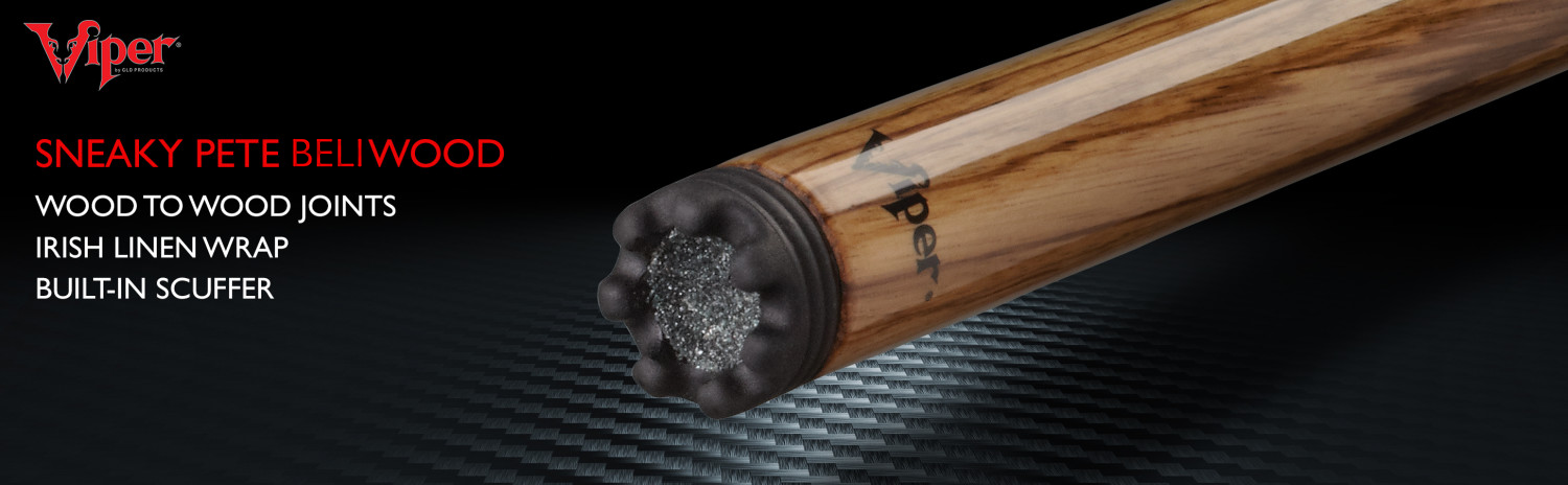 Viper Sneaky Pete cue stick with light and dark wood shaft, black wrap, and textured grip end on dark surface