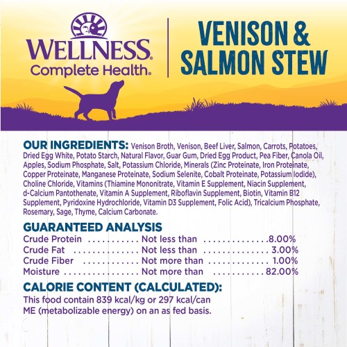 <p>Venison Broth, Venison, Salmon, Beef Liver, Carrots, Dried Egg Product, Potatoes, Potato Starch, Guar Gum, Natural Flavor, Pea Fiber, Dried Plain Beet Pulp, Salt, Apples, Sodium Phosphate, Potassium Chloride, Dried Chicory Root, Fish Oil (Preserved With Mixed Tocopherols), Minerals (Zinc Proteinate, Iron Proteinate, Copper Proteinate, Manganese Proteinate, Sodium Selenite, Cobalt Proteinate, Potassium Iodide), Sunflower Oil, Choline Chloride, Vitamins (Thiamine Mononitrate, Vitamin E Supplement, Niacin Supplement, d-Calcium Pantothenate, Vitamin A Supplement, Riboflavin Supplement, Biotin, Vitamin B12 Supplement, Pyridoxine Hydrochloride, Vitamin D3 Supplement, Folic Acid), Rosemary, Sage, Thyme, Tricalcium Phosphate.</p>
