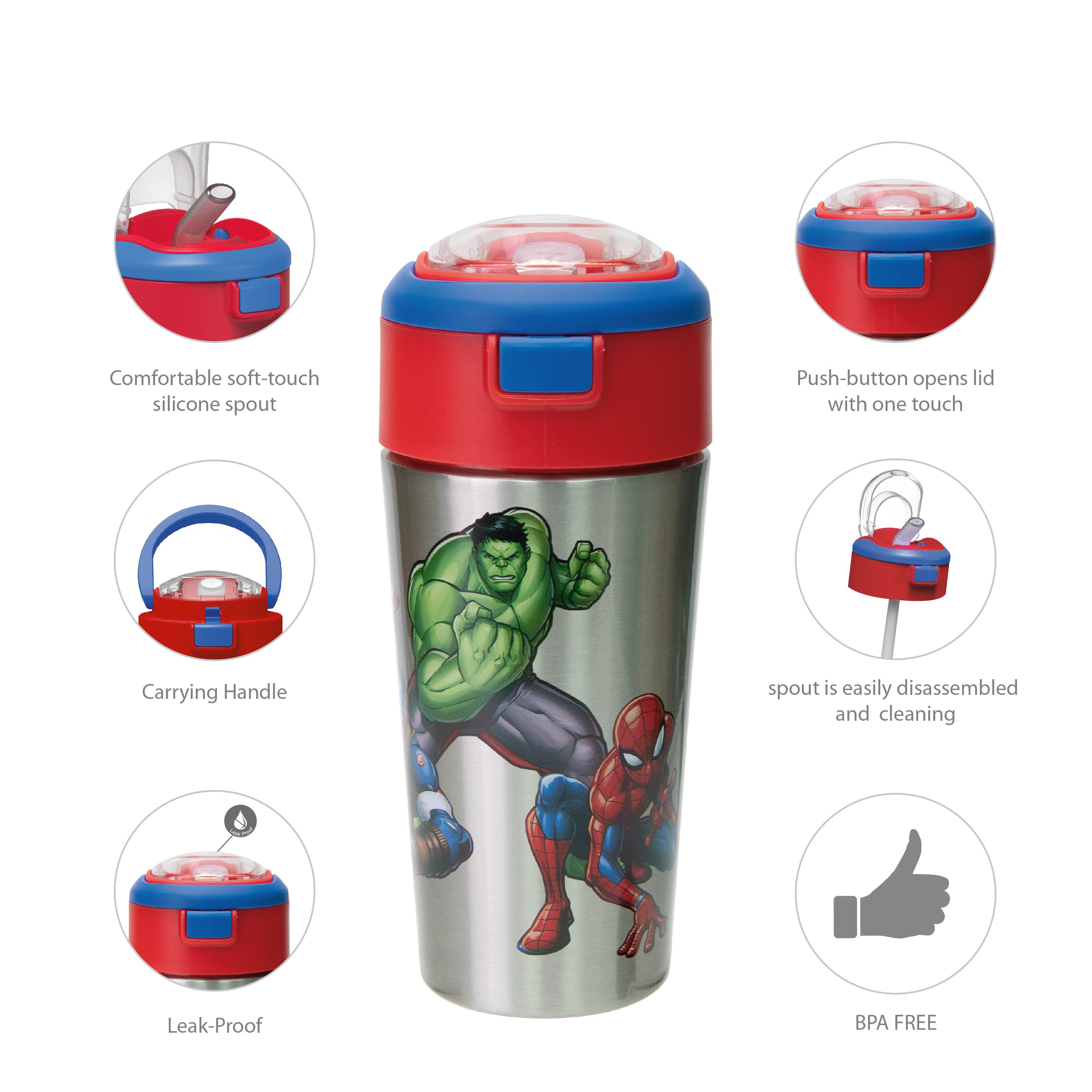 Marvel Comics 12 ounce Vacuum Insulated Reusable Stainless Steel Water Bottle, Spider-Man, Ironman & The Hulk slideshow image 8