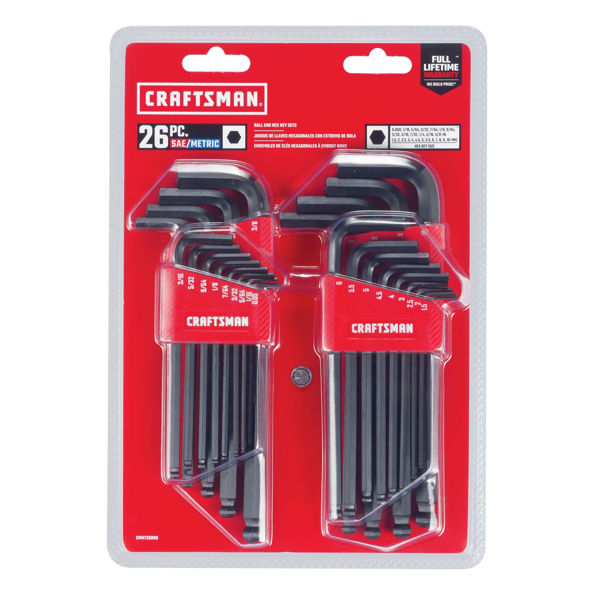 Set of 26 hex keys with ball end craftsman in plastic packaging.