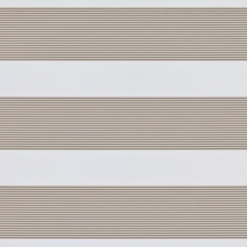 Horizontal dual-layer zebra blinds with beige pleated opaque stripes alternating with white sheer bands, partially filtering and diffusing daylight across a neutral, minimalist interior.
