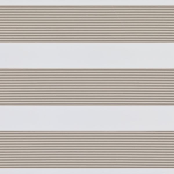Horizontal dual-layer zebra blinds with beige pleated opaque stripes alternating with white sheer bands, partially filtering and diffusing daylight across a neutral, minimalist interior.