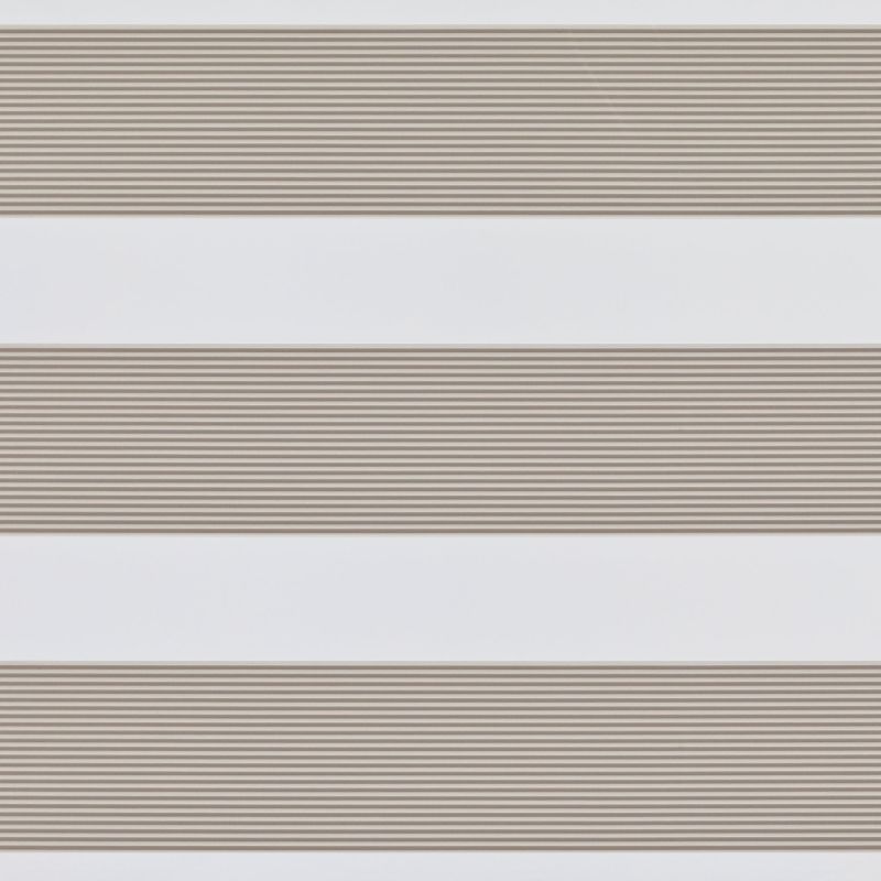 Horizontal dual-layer zebra blinds with beige pleated opaque stripes alternating with white sheer bands, partially filtering and diffusing daylight across a neutral, minimalist interior.