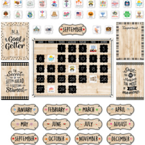Black, White, and Wood Calendar Set Bulletin Board Set, 87 Pieces
