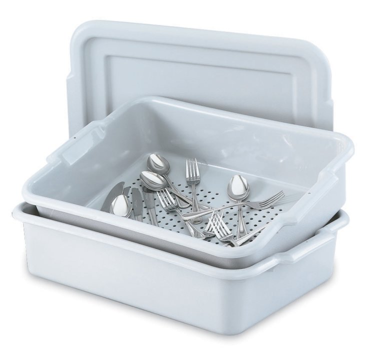 Perforated drain box in gray for silverware soak system