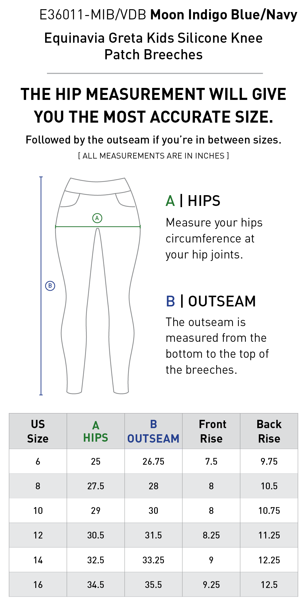 Size chart for Equinavia Greta Kids Silicone Knee Patch Breeches - Moon Indigo Blue/Navy