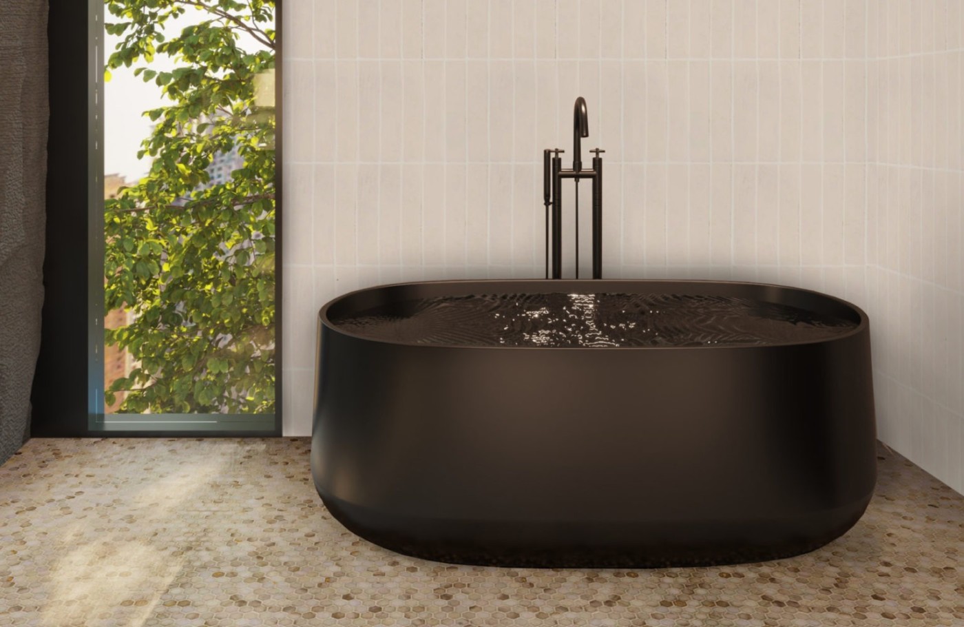 a black bathtub sitting in front of a window.