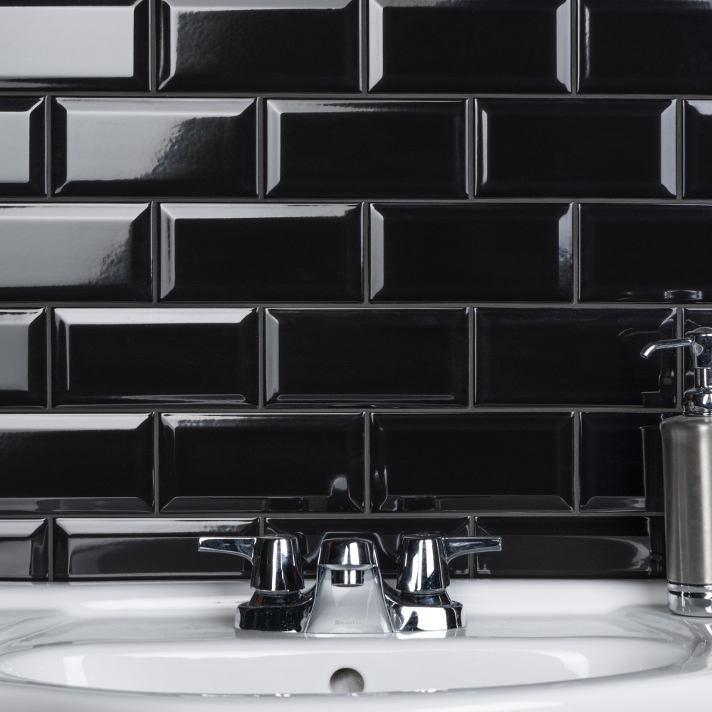 Crown Heights Beveled Glossy Black 3 in. x 6 in. Ceramic Wall Tile