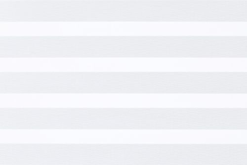 Zebra-style horizontal roller blinds, alternating opaque white and semi-transparent pale gray bands, fully lowered and aligned, filtering diffuse daylight; interior lighting soft, no outside view visible.