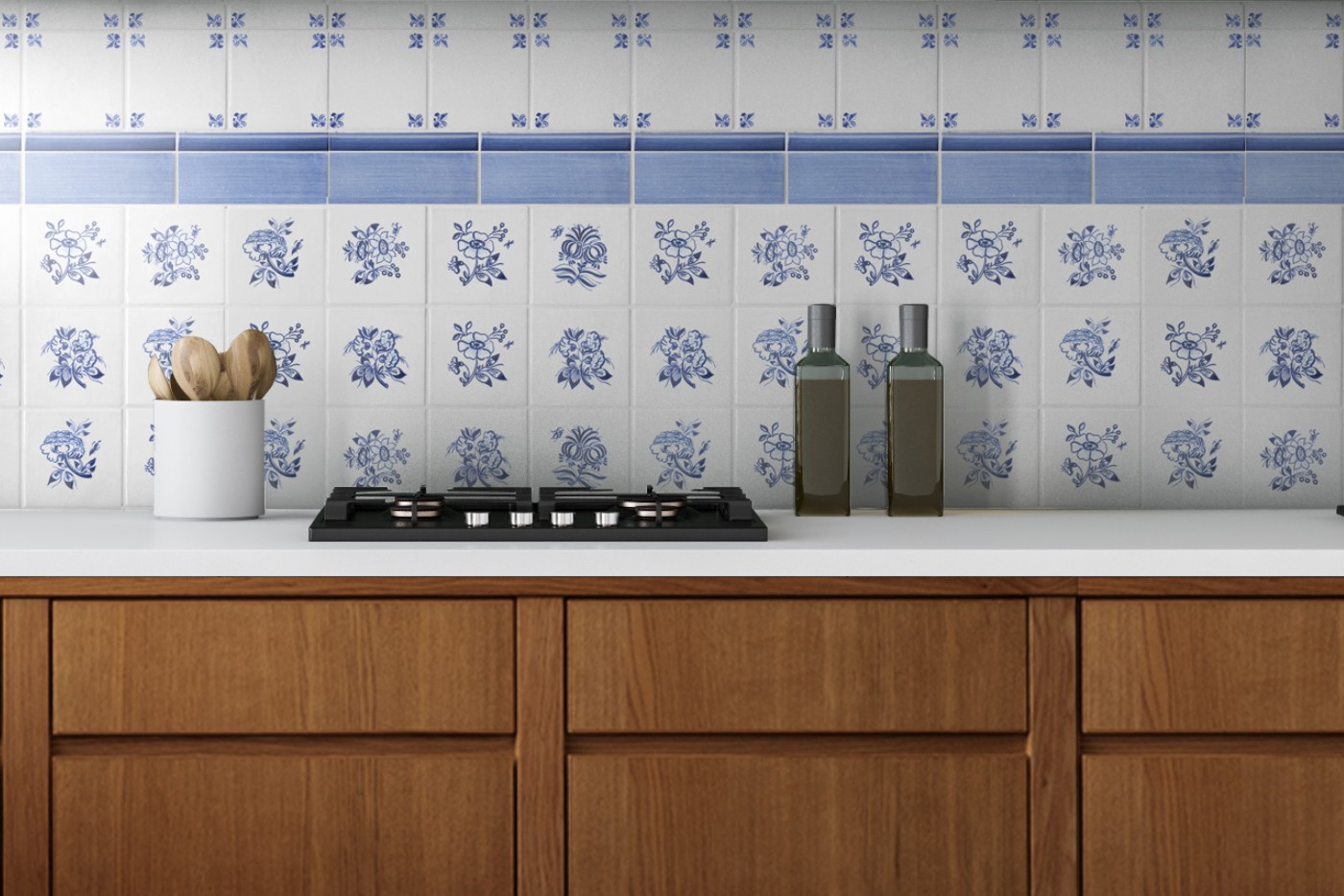 a blue and white tiled stove backsplash in a kitchen.