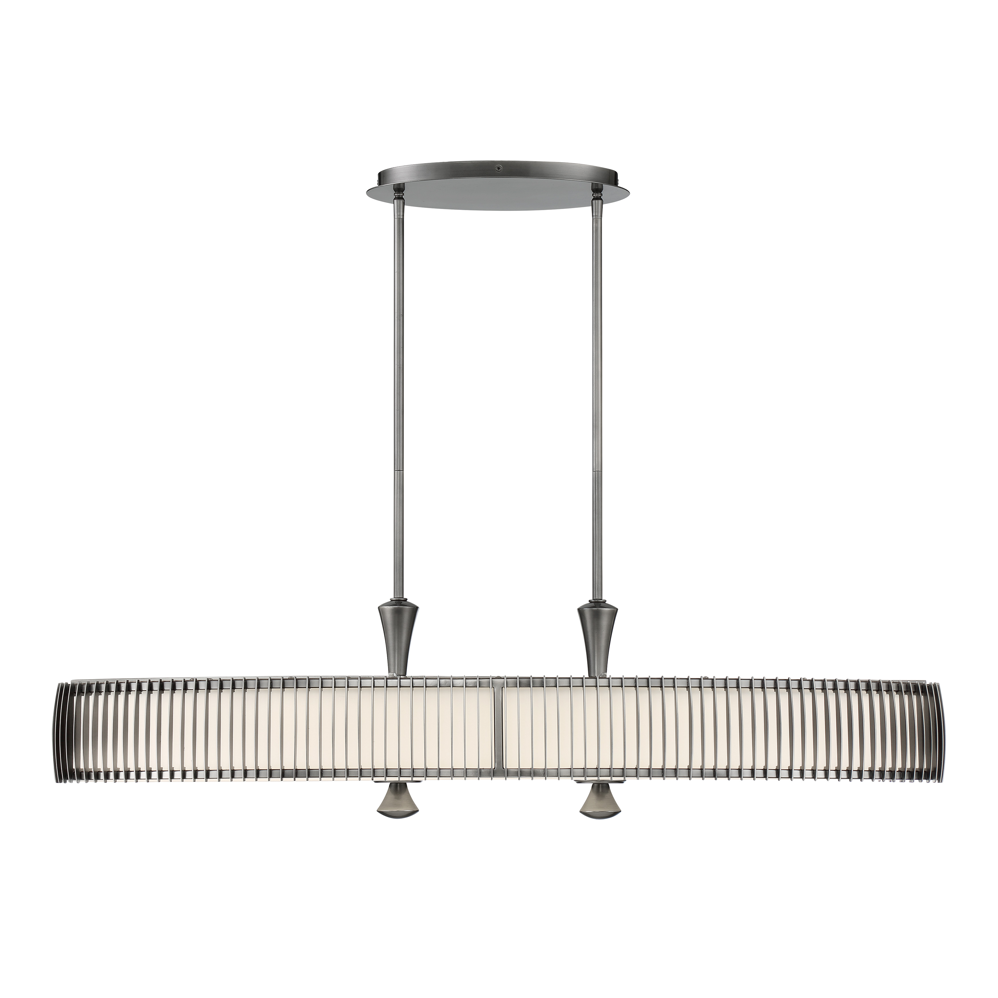 The Night Moves island light delivers nearly 6,000 lumens of high-CRI LED illumination in a contemporary linear design. Its 41-inch span and plated pewter finish make it ideal for modern kitchens and dining spaces. - alternate view