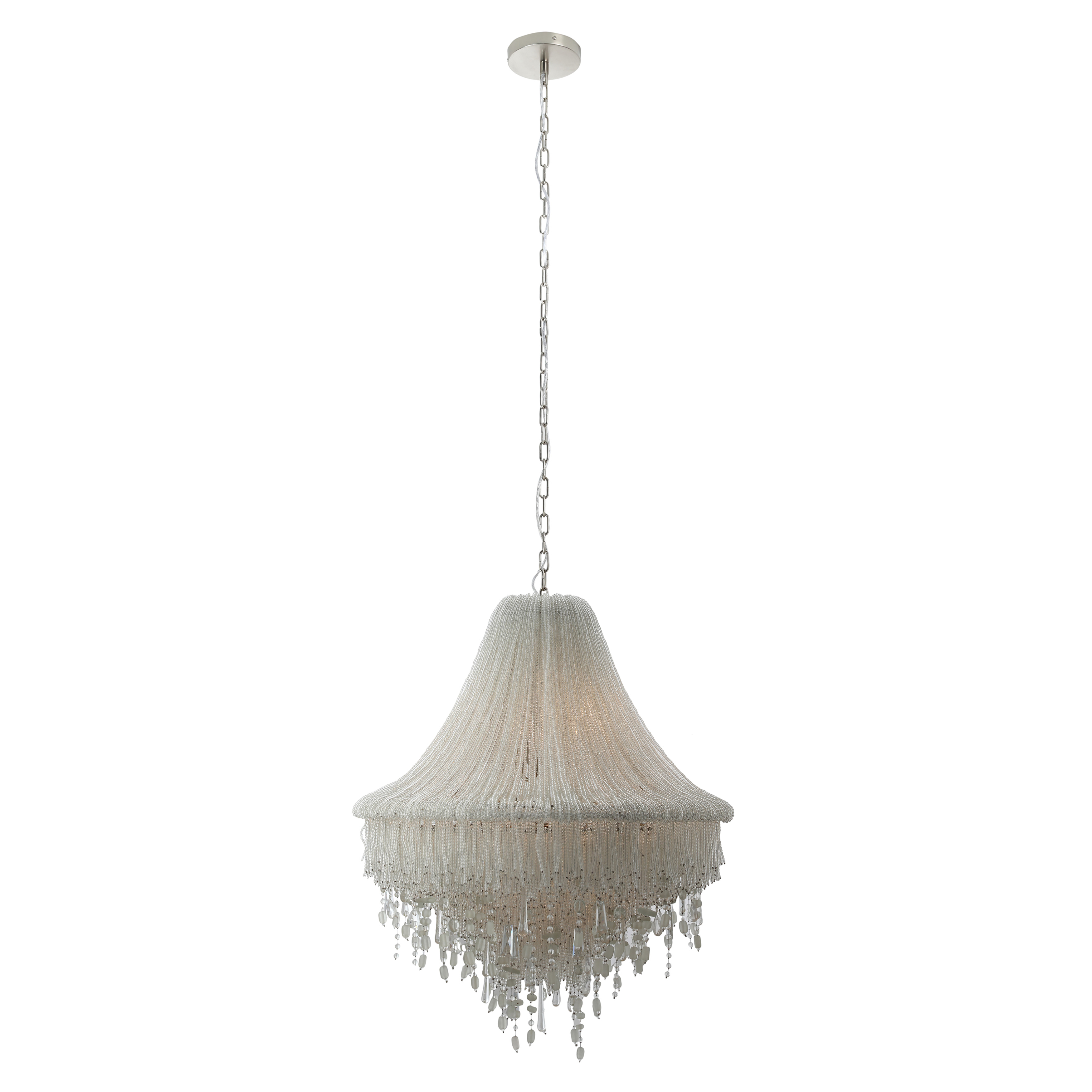 The Crystal Reign pendant combines traditional elegance with coastal charm through its polished nickel finish, cascading crystal beads, and distinctive sea glass accents. At 28 inches wide, this substantial 7-light fixture makes a stunning statement in dining rooms and foyers. - alternate view