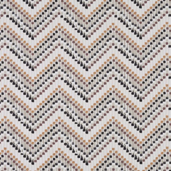 Chevron-patterned wallpaper of staggered brushstroke squares creates repeating zigzag bands in muted tan, brown and black on a pale background, giving a subtle textured, woven appearance.