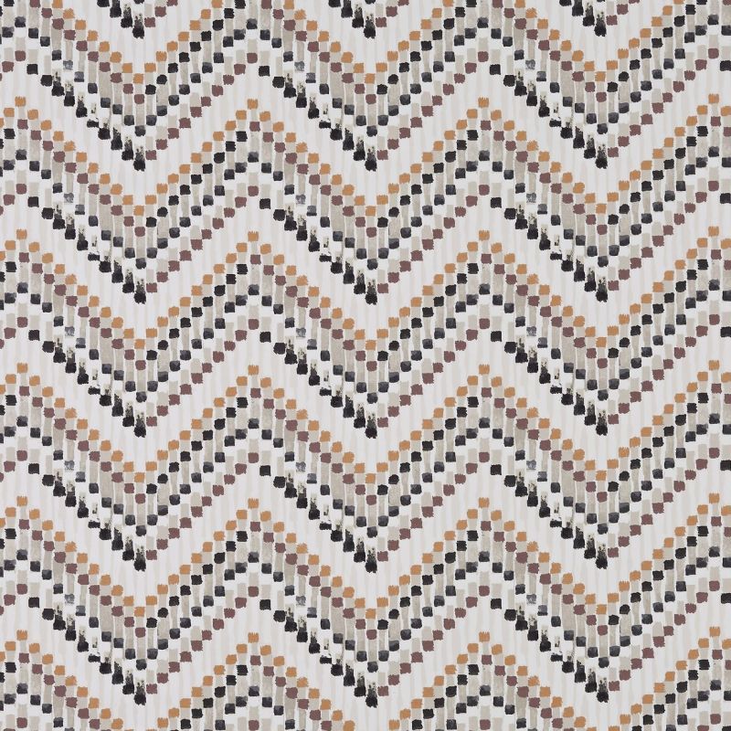 Chevron-patterned wallpaper of staggered brushstroke squares creates repeating zigzag bands in muted tan, brown and black on a pale background, giving a subtle textured, woven appearance.