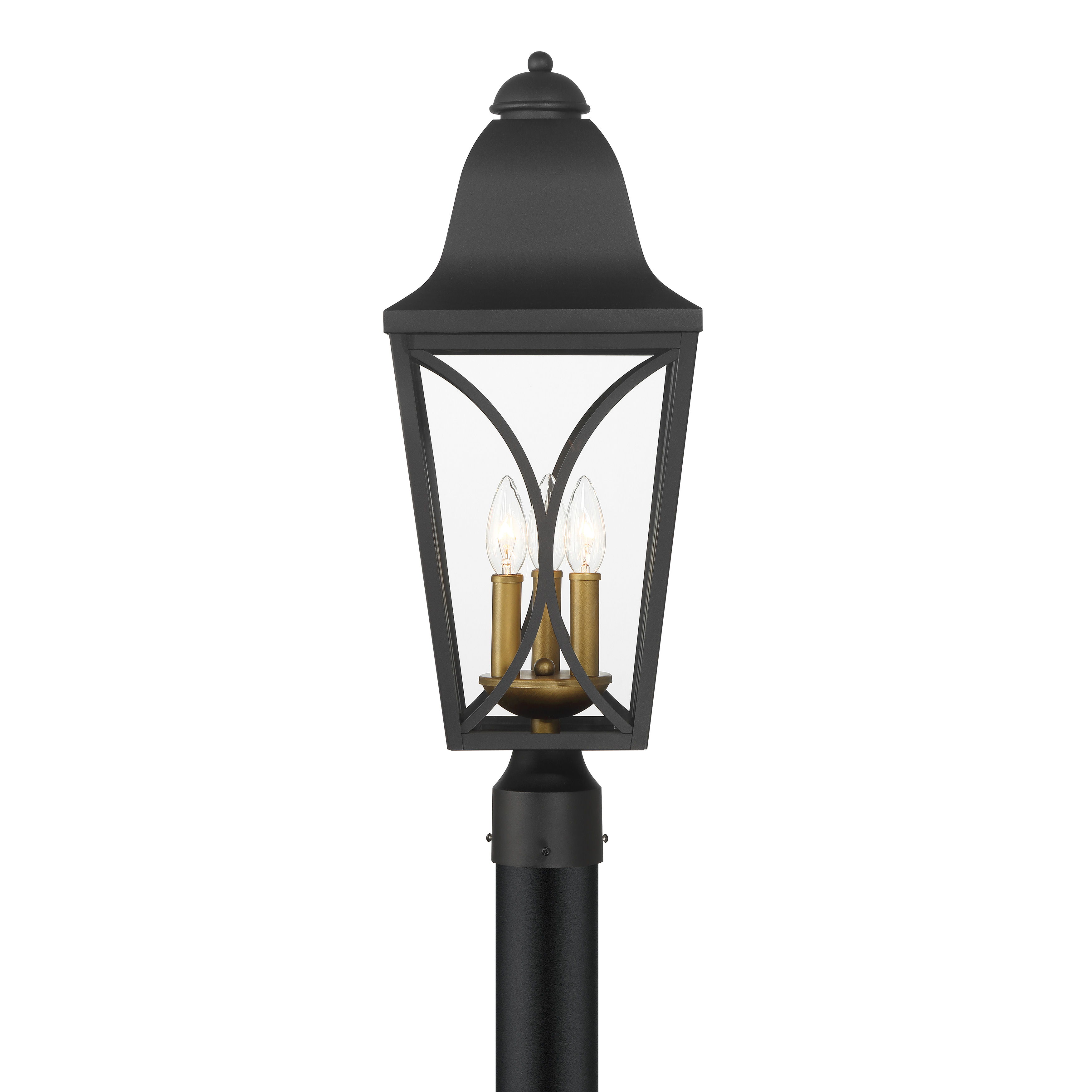 The Cardigan outdoor post mount combines traditional styling with a distinctive two-tone finish. Its 24-inch height and clear glass panels provide excellent illumination for pathways and entryways. - alternate view