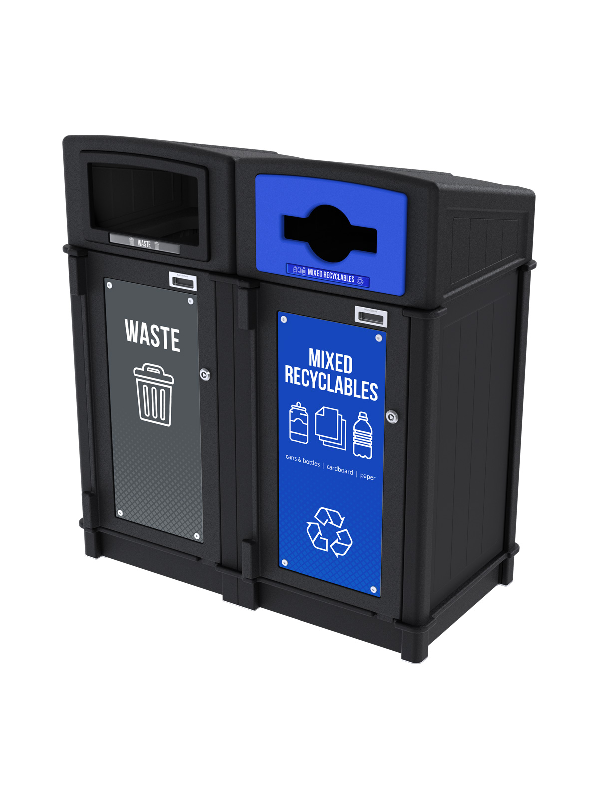 black recycled plastic double waste and recycling container with sloped canopy lids for collecting waste and recycling outdoors shown with stock door signs and labels
