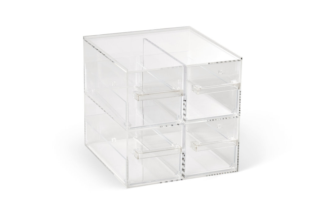 Cubic modular 2 x 2 display bin with four drawers