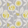 Wallpaper: stylized white-and-mustard floral motifs (tulip-like blooms, stems, leaves). Action: printed as a continuous repeating pattern. Context: light-gray background, decorative wall or fabric for modern interiors.