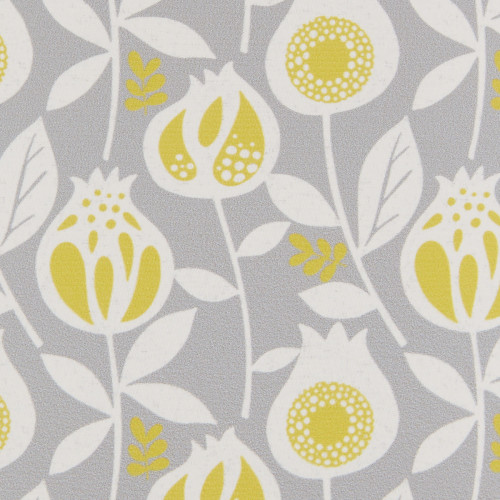 Wallpaper: stylized white-and-mustard floral motifs (tulip-like blooms, stems, leaves). Action: printed as a continuous repeating pattern. Context: light-gray background, decorative wall or fabric for modern interiors.