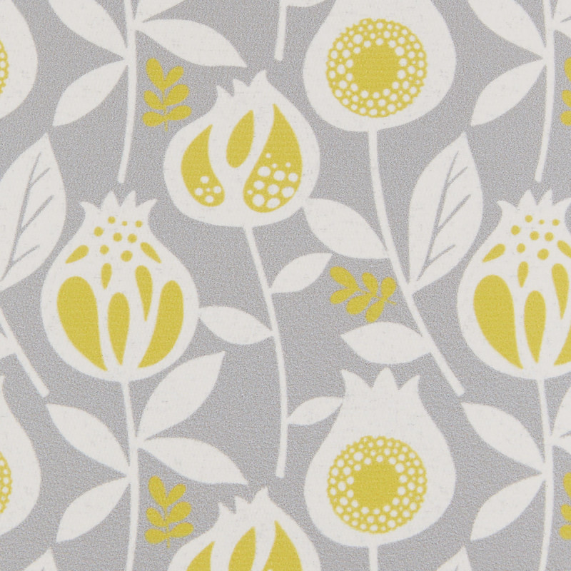 Wallpaper: stylized white-and-mustard floral motifs (tulip-like blooms, stems, leaves). Action: printed as a continuous repeating pattern. Context: light-gray background, decorative wall or fabric for modern interiors.