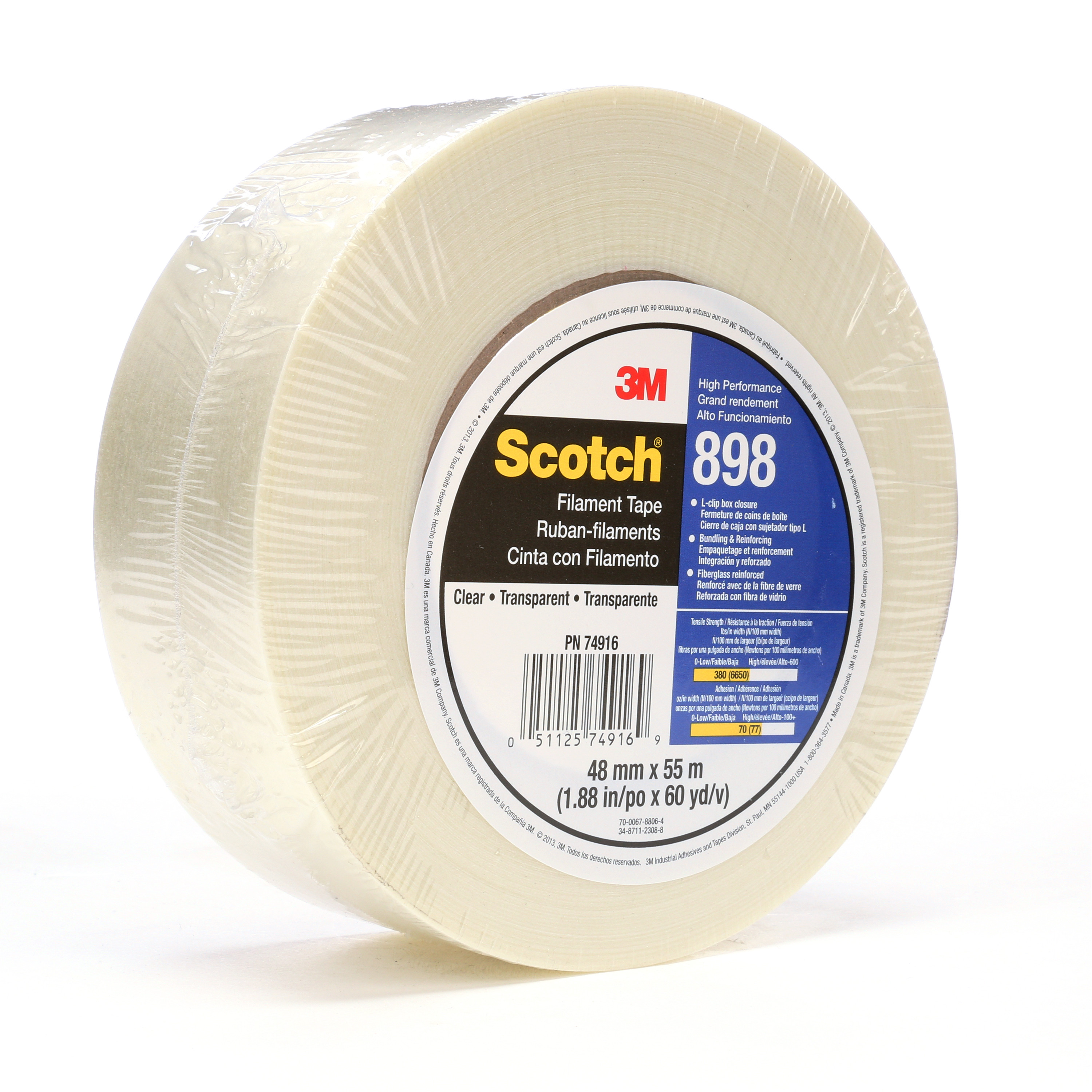 Scotch® Filament Tape 898, Clear, 48 mm x 55 m, 6.6 mil, 24 rolls per
case, Individually Wrapped Conveniently Packaged