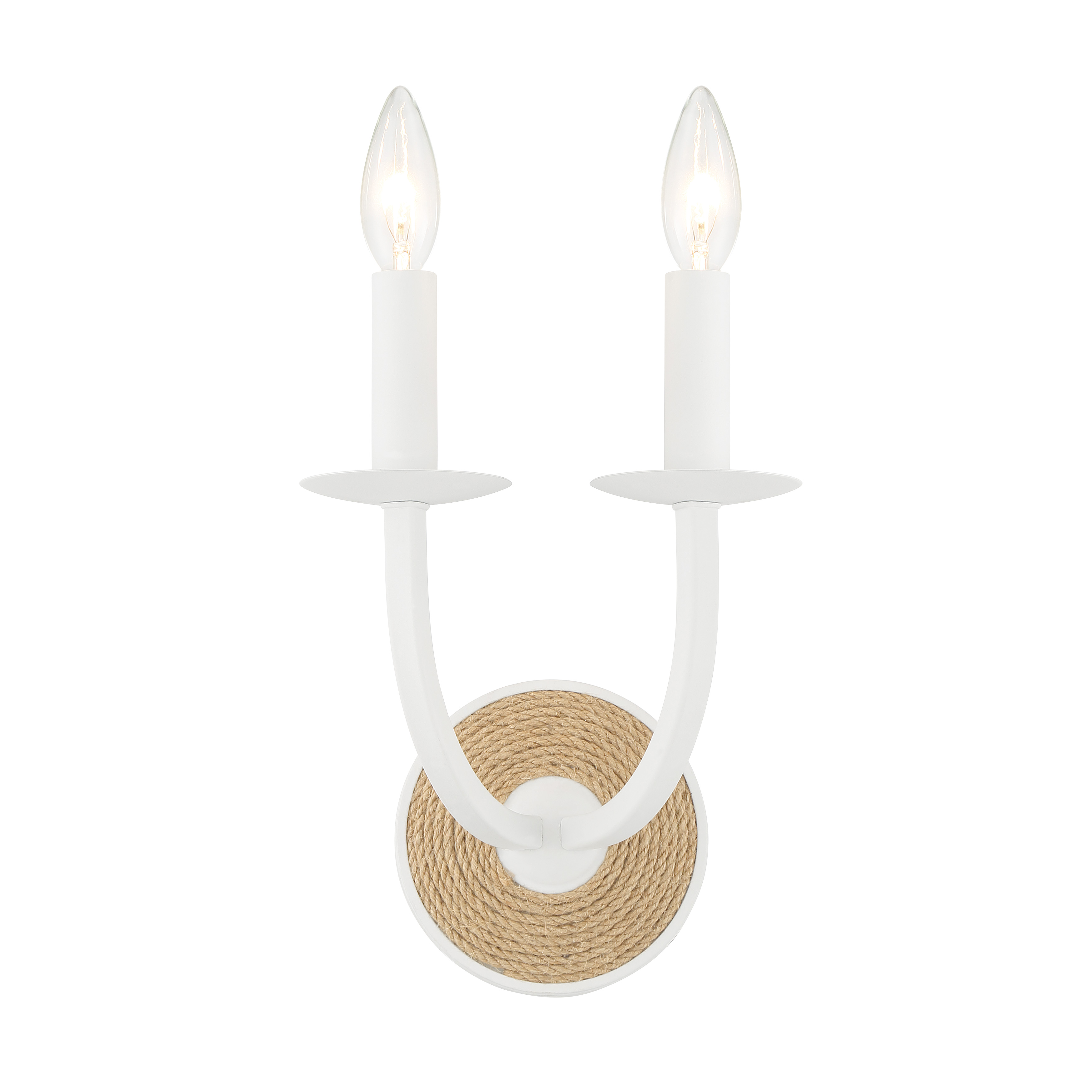 The Lanton wall sconce brings coastal charm with its rope-wrapped steel frame in Sand White. Compact at 11" tall, it's perfect for bathrooms, hallways, and bedrooms where soft, ambient lighting is desired. - alternate view