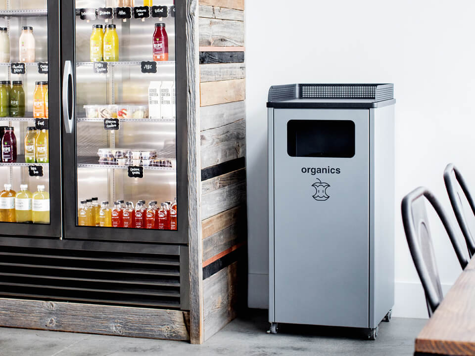 durable powder coated steel container for collection organic waste in a restaurant setting