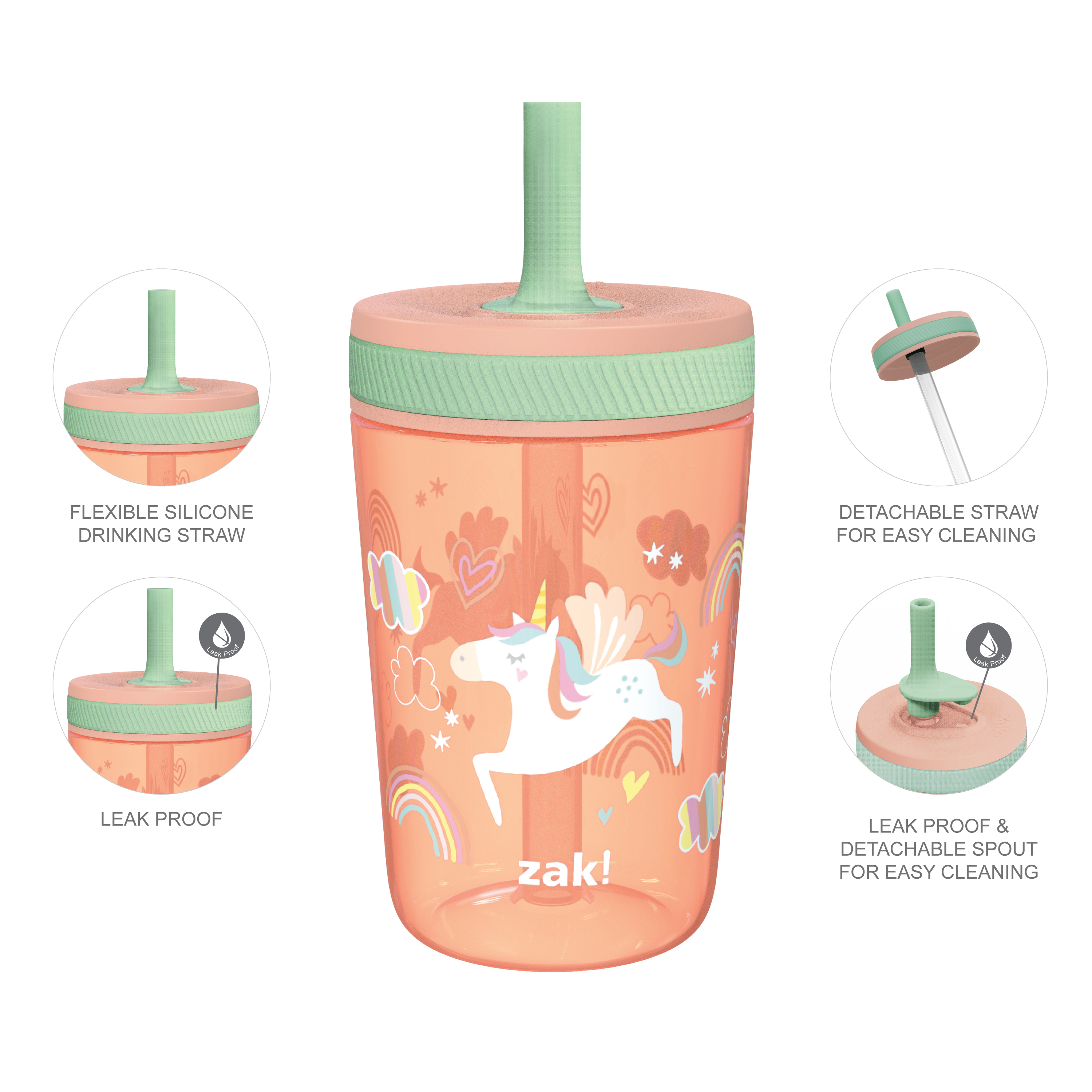 Zak Hydration 15  ounce Plastic Tumbler with Lid and Straw, Unicorns, 2-piece set slideshow image 7