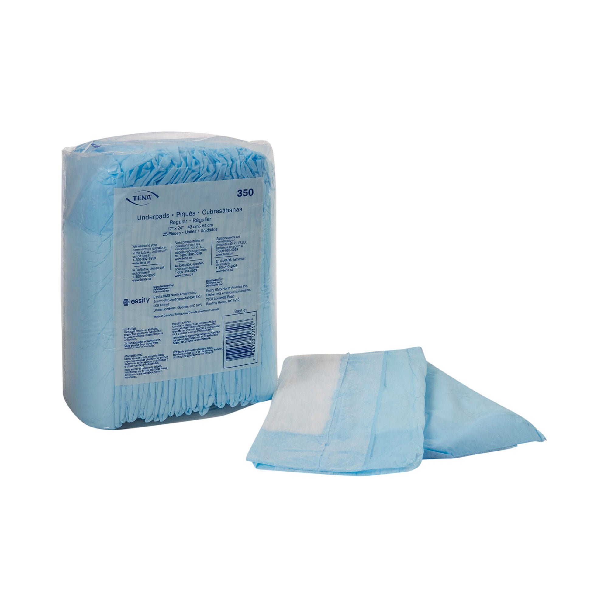 TENA Regular Underpads, Light Absorbency, Blue, Disposable, Latex-Free