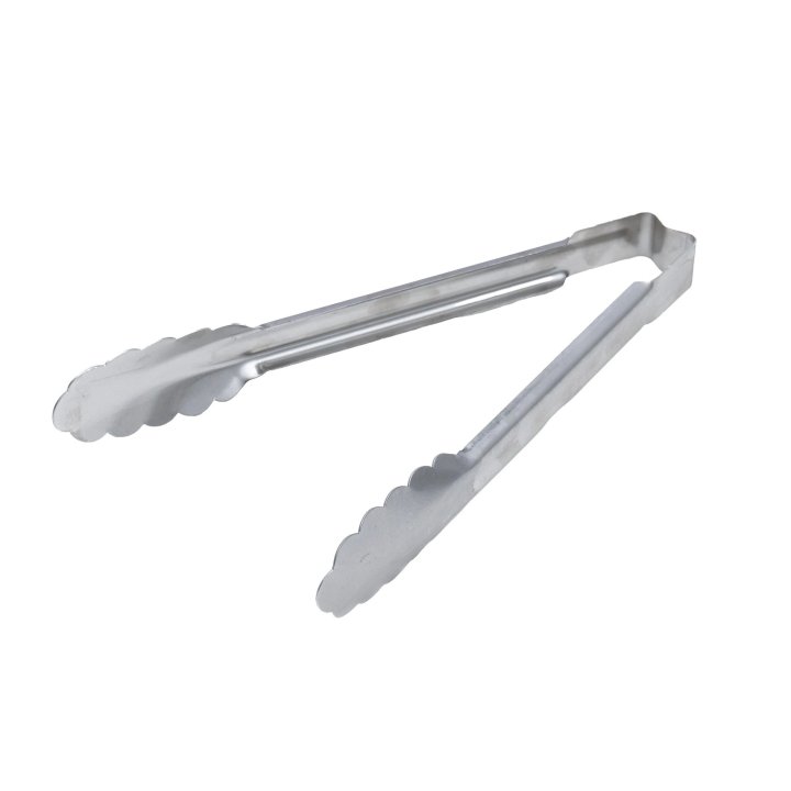 9 ½-inch heavy-duty stainless steel one-piece scalloped tongs