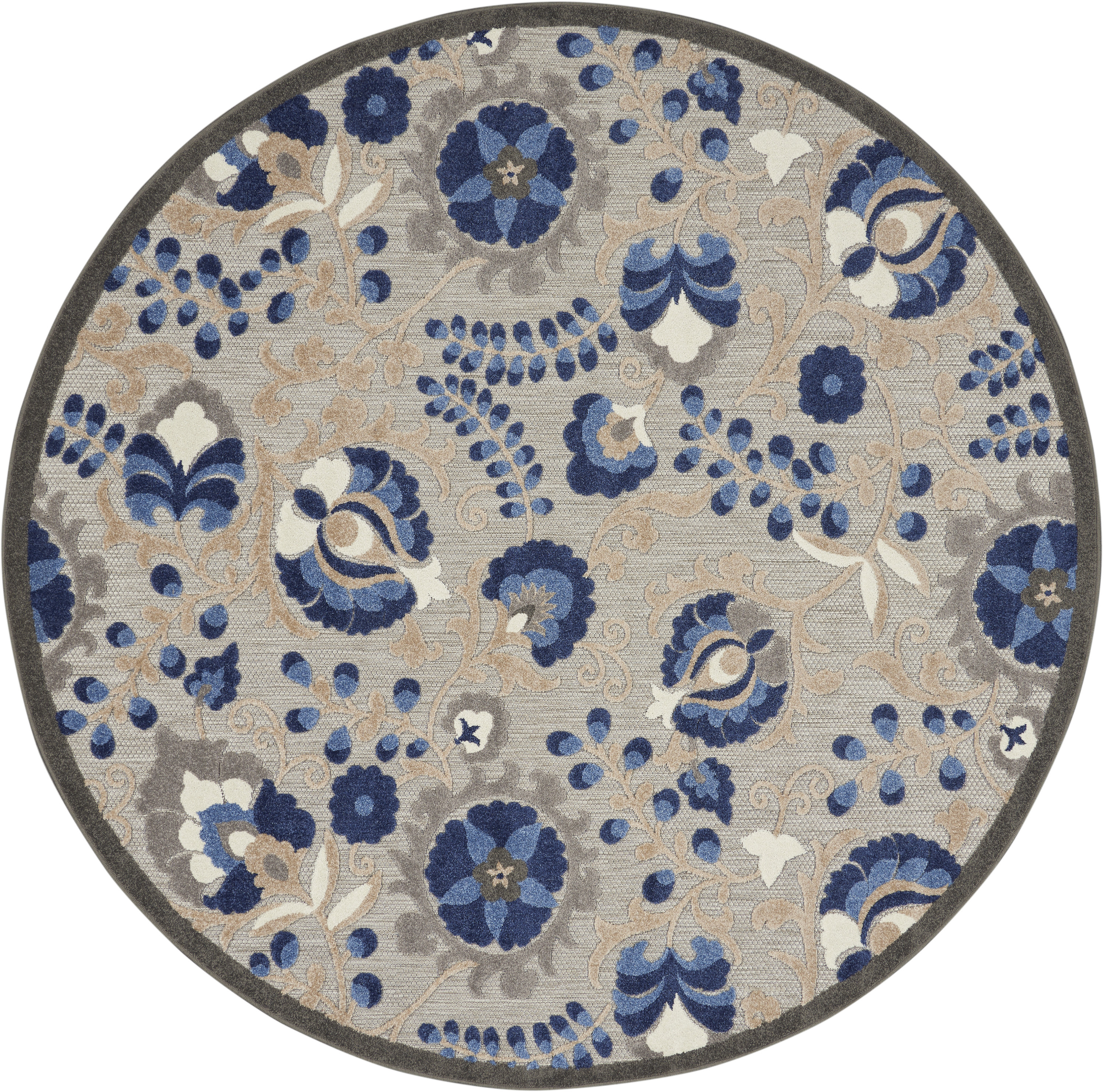 Nourison Aloha 4' x Round Natural Blue Farmhouse Rug