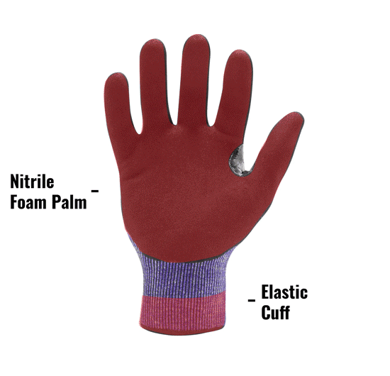 AX360 Seamless Knit Cut 3 Lite Gloves in Blue and Black AXLTC3-03 showing Nitrile Foam Palm and Elastic Cuff