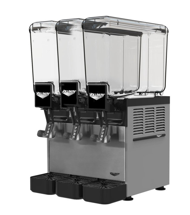 Refrigerated beverage dispenser with three 2.11-gallon bowls and agitator circulation