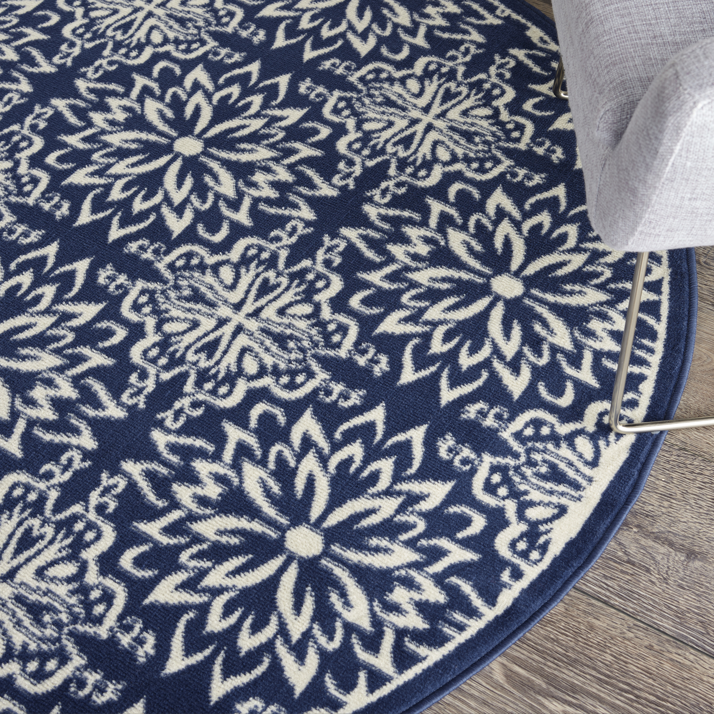 Nourison Jubilant 5'3" x Round Navy Ivory Farmhouse Indoor Rug