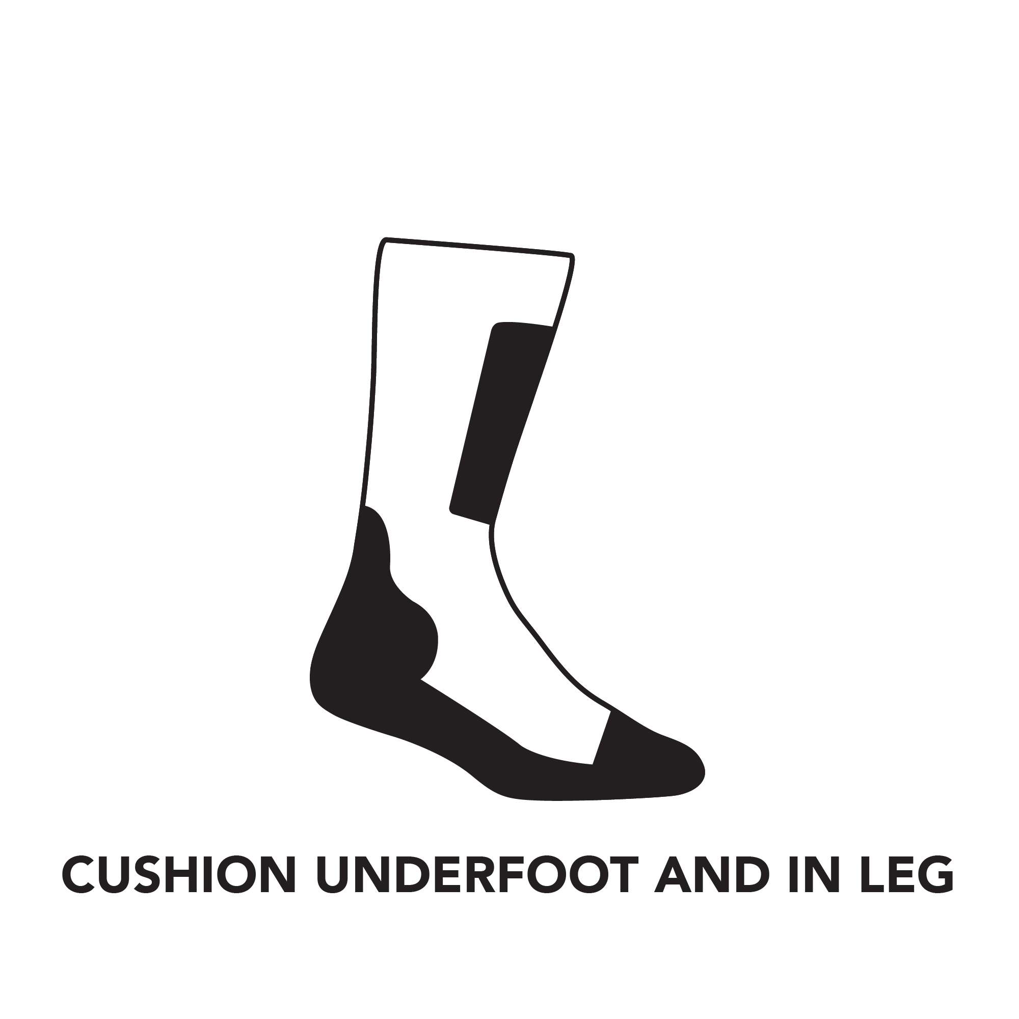 Boot sock cushion map showing cushion underfoot, in the leg, and in the toe for steel toe boots