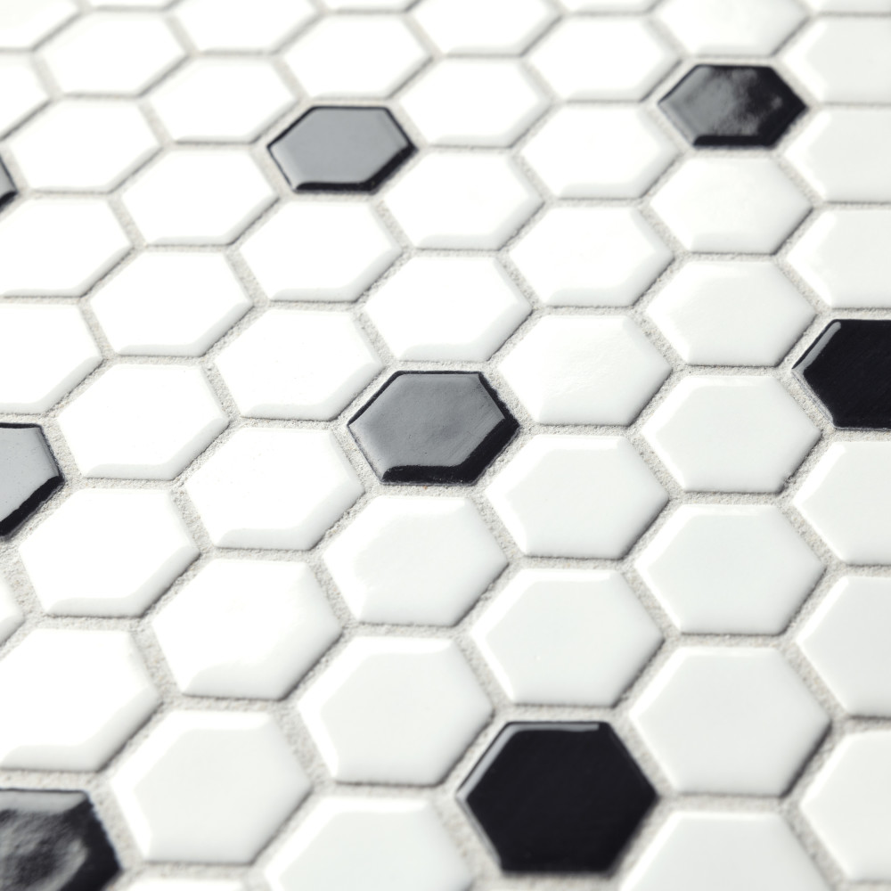 Metro 1″ Hex Glossy White w/Black Dot 10-1/4 in. x 11-7/8 in. Porcelain Mosaic Tile