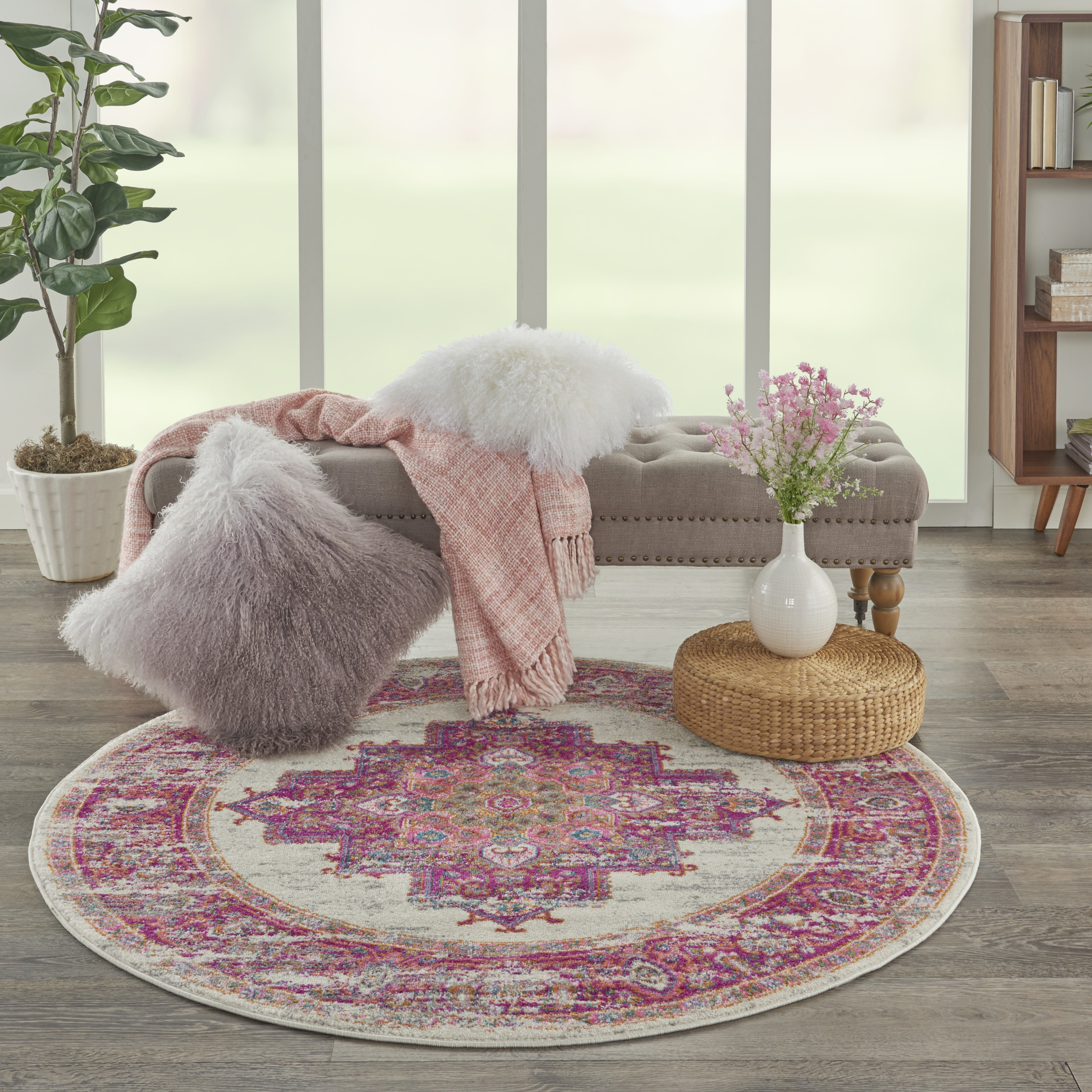 Nourison Passion 4' x Round Ivory/Fuchsia Bohemian Indoor Rug