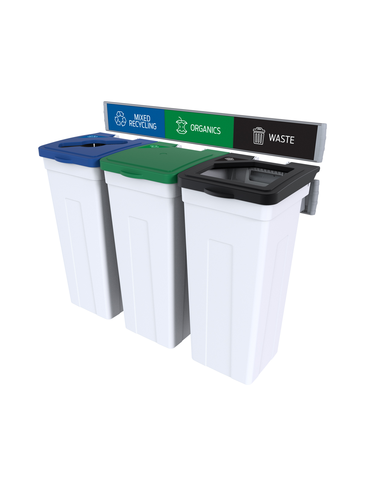 RISE – Triple – Kit – Mixed Recycling-Organics-Waste – Mixed-Solid Lift-Full – White-Blue-Green-Black