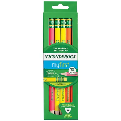 Ticonderoga My First Tri-Write Wood-Cased Pencils, Pre-Sharpened, #2 HB, With Erasers, Neon Colors, 12 Count