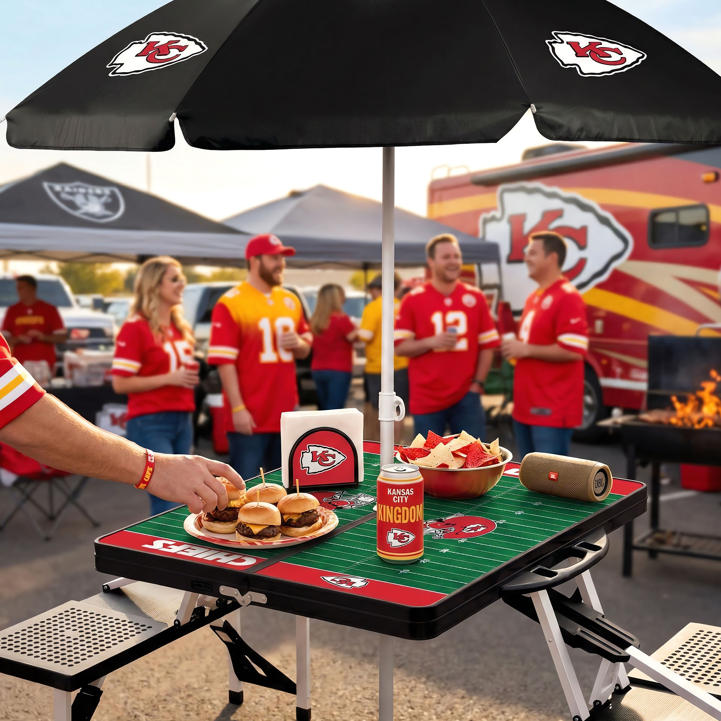 Kansas City Chiefs - Picnic Table Portable Folding Table with Seats and Umbrella