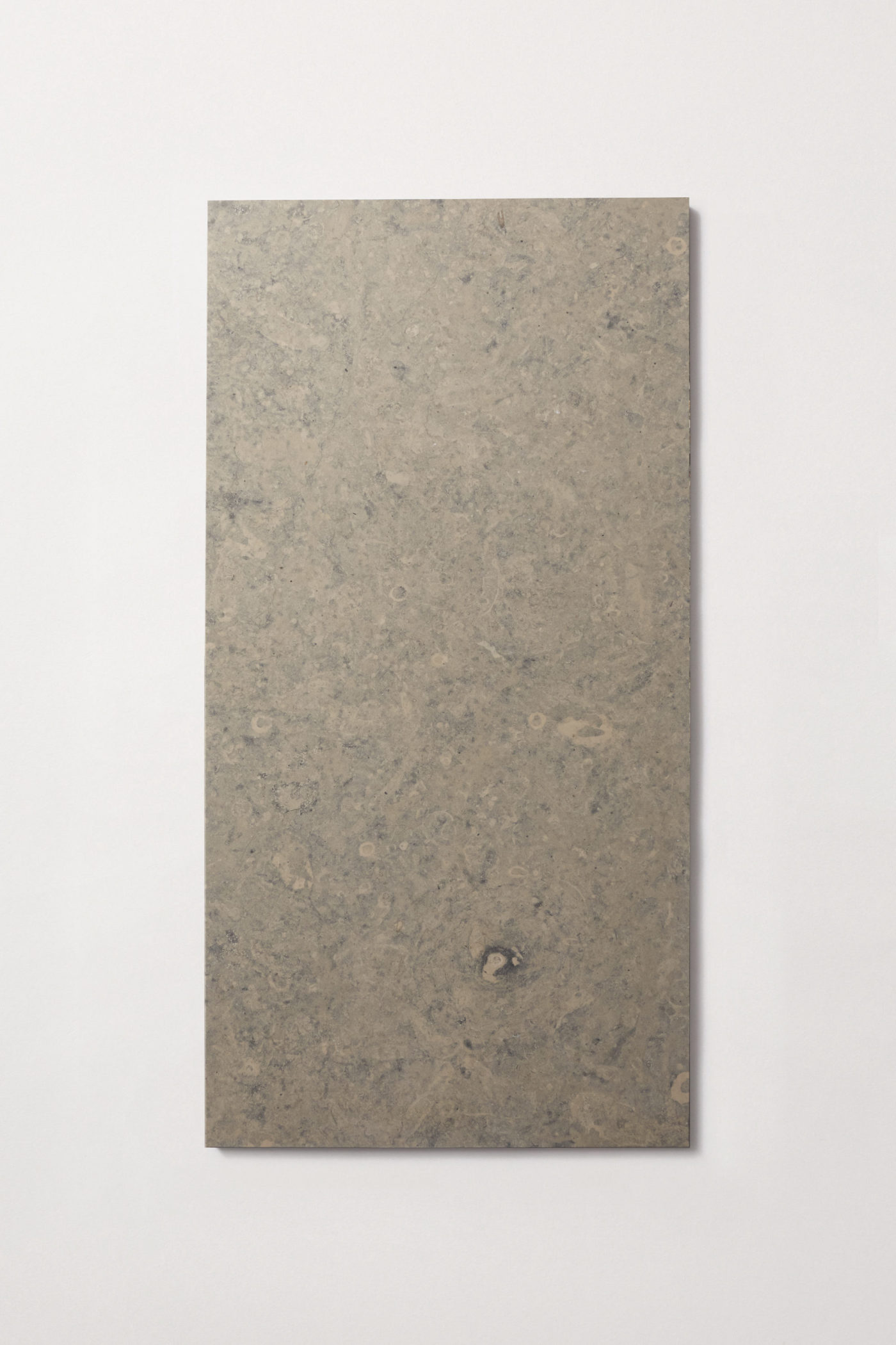 a grey rectangular limestone tile on a white surface.