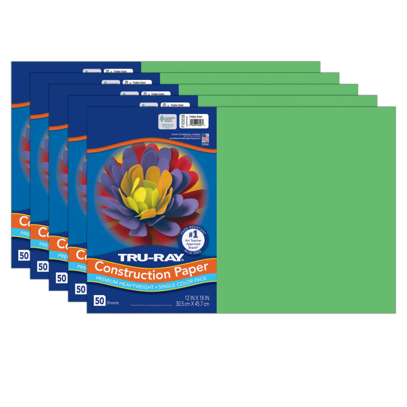 Construction Paper, Heavyweight, Festive Green, 12" x 18", 50 Sheets Per Pack, 5 Packs