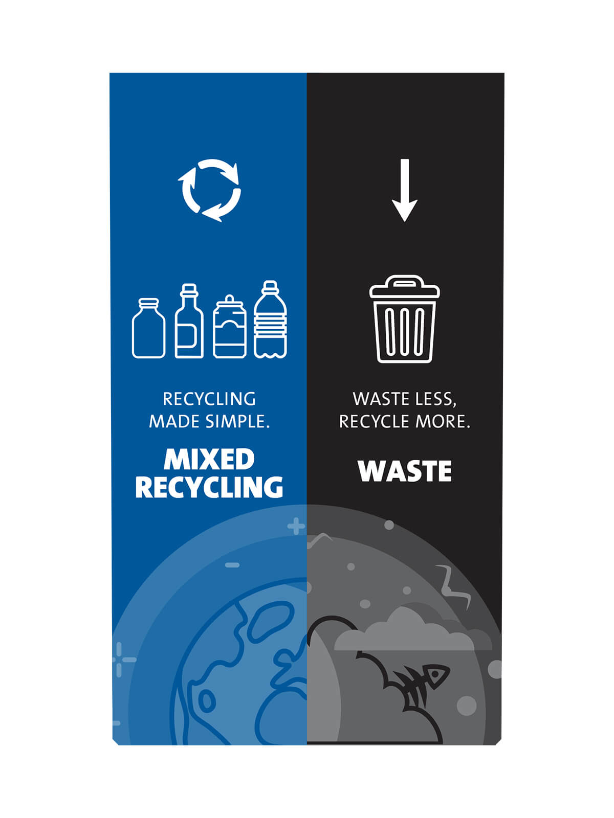 Blue and black colored graphics for mixed recycling and waste signage for the Busch Systems Expression container