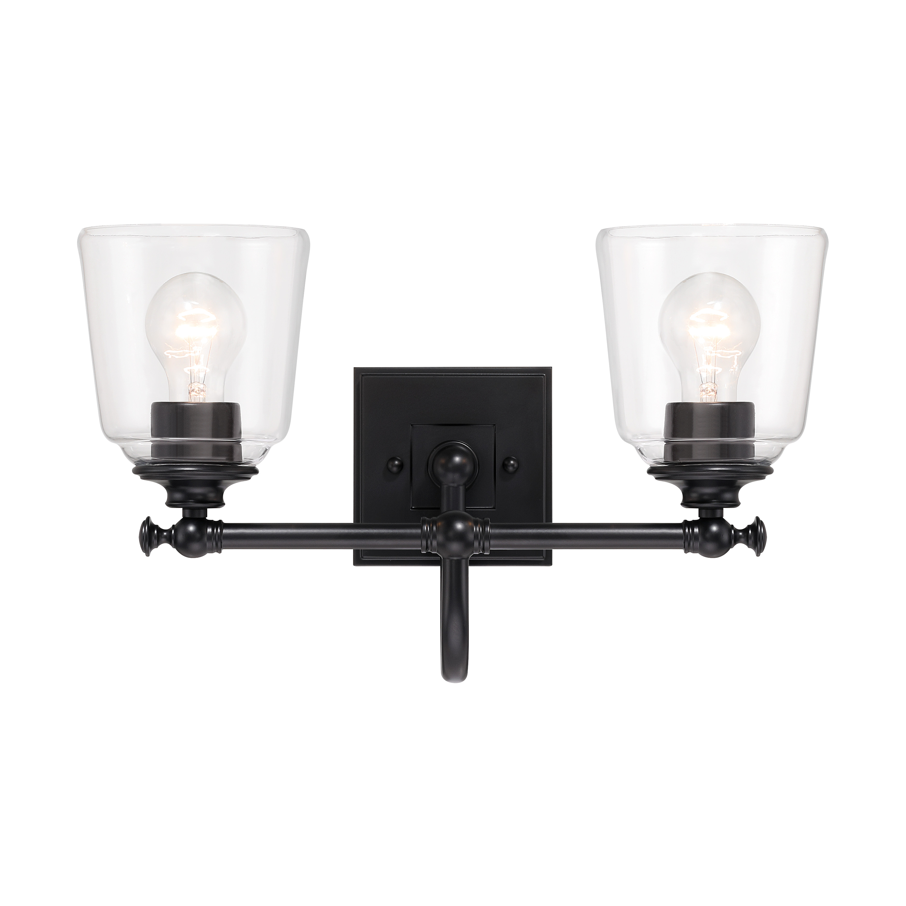 The Antonia 2-Light Vanity brings contemporary sophistication to bathroom spaces with its coal black finish and clean glass shades. Compact at 17.38" wide, it's ideal for smaller vanities while delivering ample illumination. - alternate view