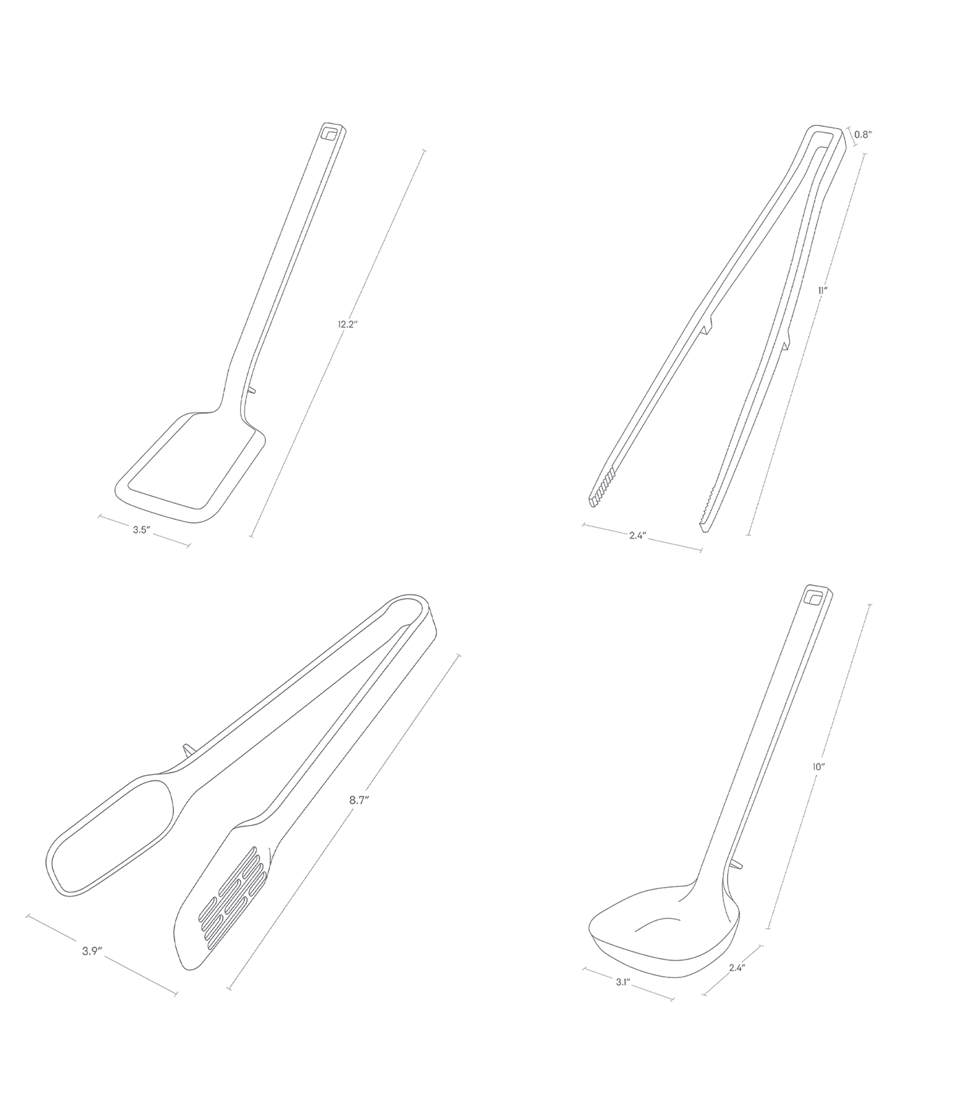 Dimension Image for Floating Utensil on a white background showing height of 12.2" and width of 3.5", Tongs. 8.7 inches long, 3.9 inches wide, Floating Utensil on a white background showing length of 11", width at top of .8", and 2.4" between tweezers, Push Dish Towel Holder on a white background showing height of 2.4", width of 12.4", and length of 1.8".