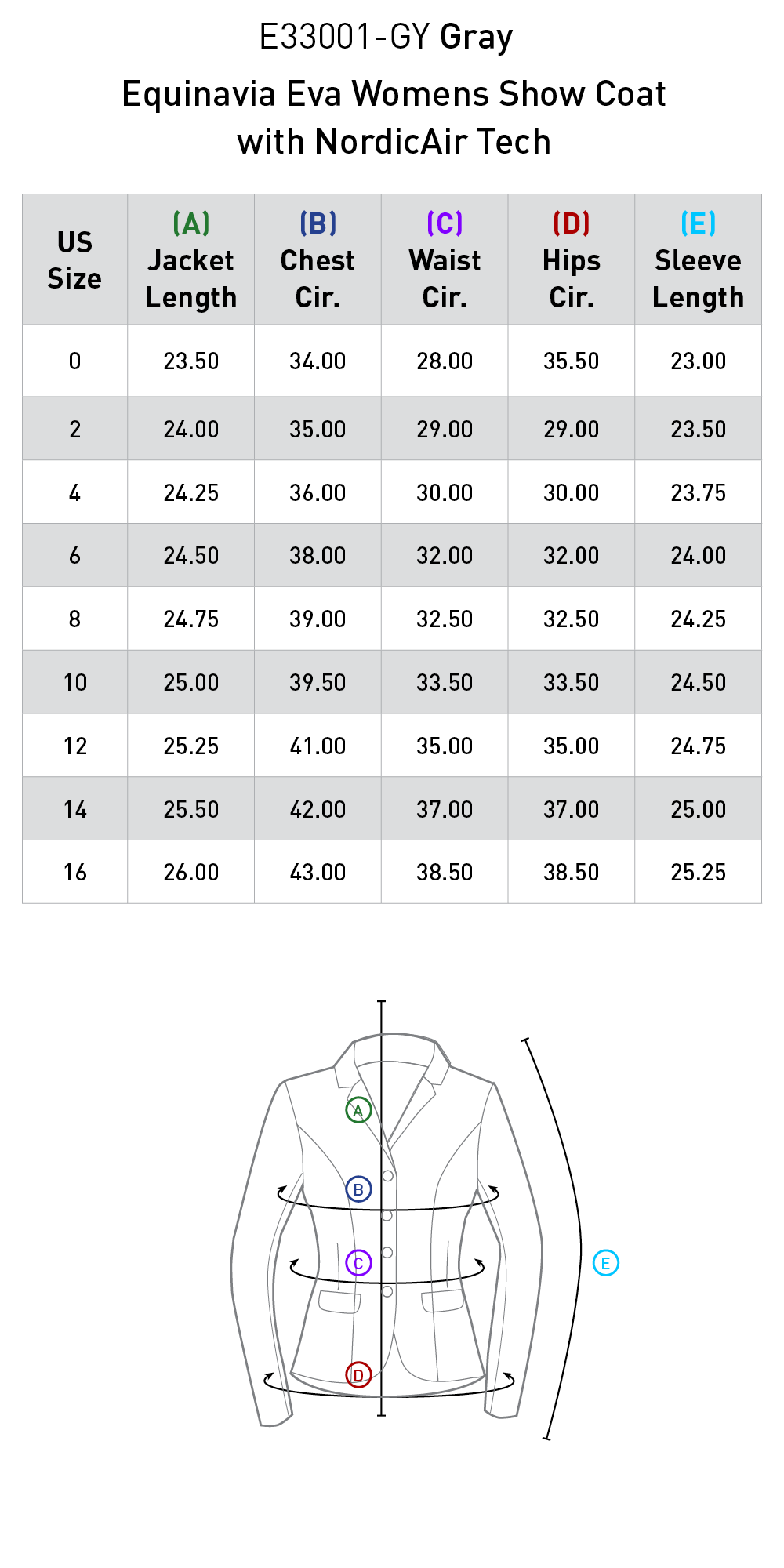 Size chart for Equinavia Eva Womens Show Coat with NordicAirÂ® Tech - Gray