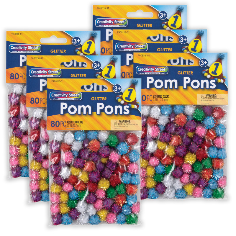 Glitter Pom Pons, Assorted Colors, 1/2", 80 Per Pack, 6 Packs
