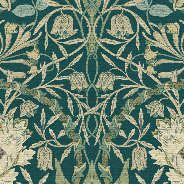Intricate symmetrical floral pattern: cream and pale-green stylized bell and peony-like flowers entwined with curling vines and leaves across a deep teal textured background, evoking vintage wallpaper.
