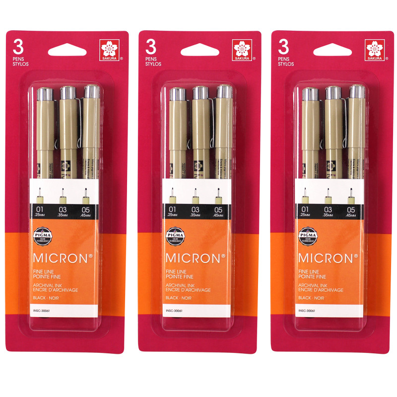 Pigma Micron Pens, Black, Assorted Sizes, 3 Per Pack, 3 Packs